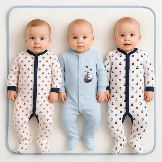 3-Piece Baby Boys’ Full-Sleeve Romper Set – Nautical Theme