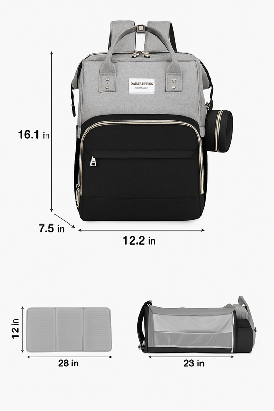 2-in-1 Diaper Bag & Baby Bed – 7pc Travel Backpack (Light Grey)