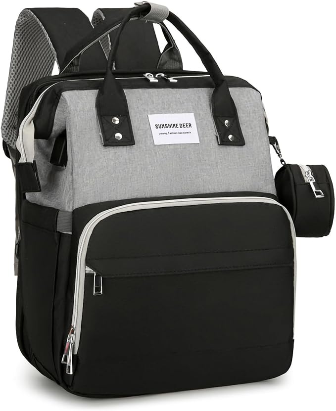 2-in-1 Diaper Bag & Baby Bed – 7pc Travel Backpack (Light Grey)