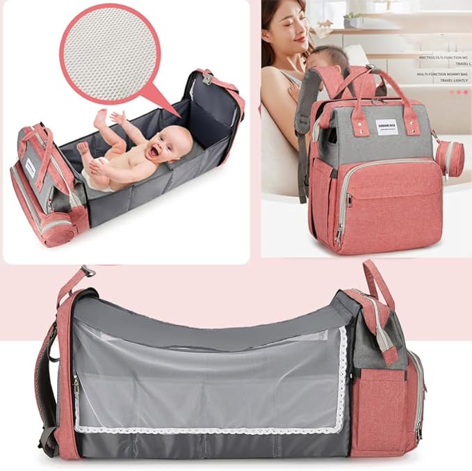 2-in-1 Diaper Bag & Portable Baby Bed – 7pc Travel Backpack (Peach/Grey)