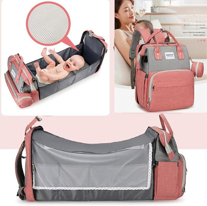 2-in-1 Diaper Bag & Portable Baby Bed – 7pc Travel Backpack (Peach/Grey)