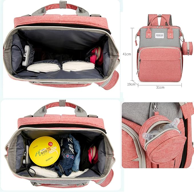 2-in-1 Diaper Bag & Portable Baby Bed – 7pc Travel Backpack (Peach/Grey)