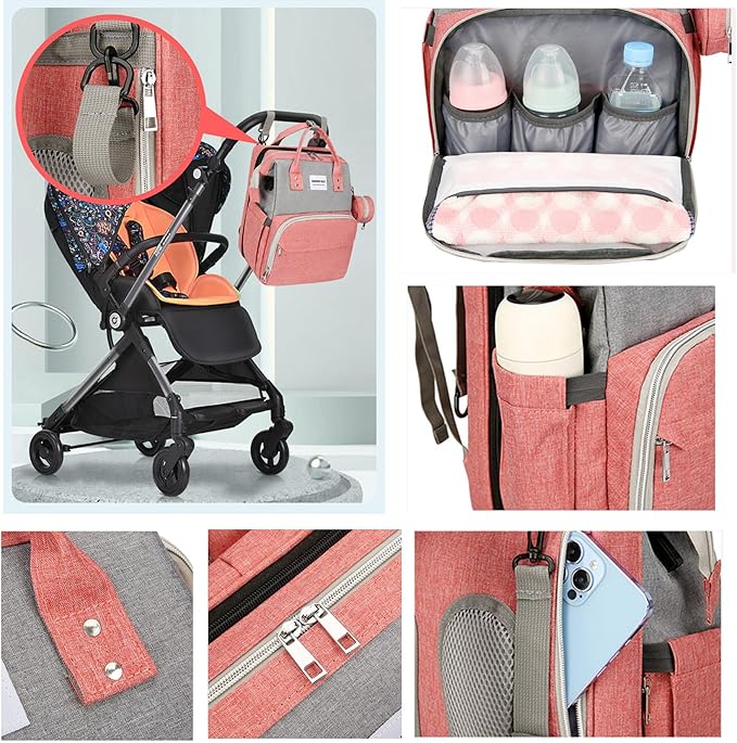 2-in-1 Diaper Bag & Portable Baby Bed – 7pc Travel Backpack (Peach/Grey)