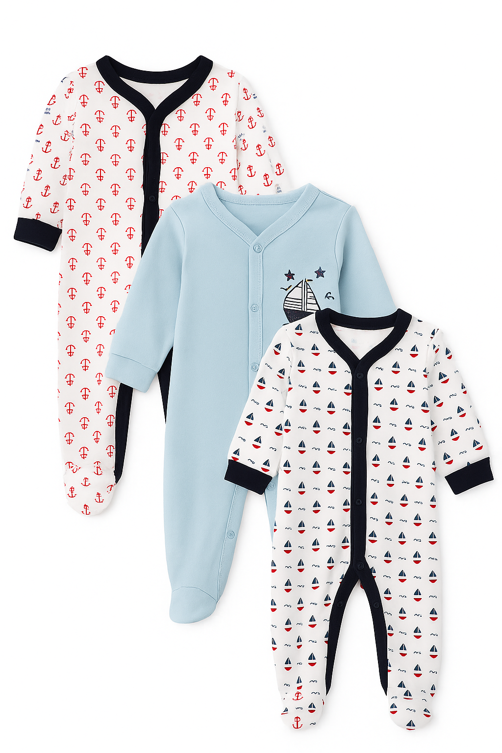 3-Piece Baby Boys’ Full-Sleeve Romper Set – Nautical Theme