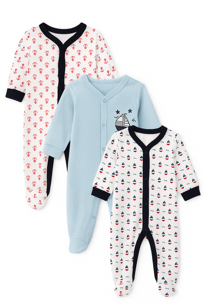 3-Piece Baby Boys’ Full-Sleeve Romper Set – Nautical Theme