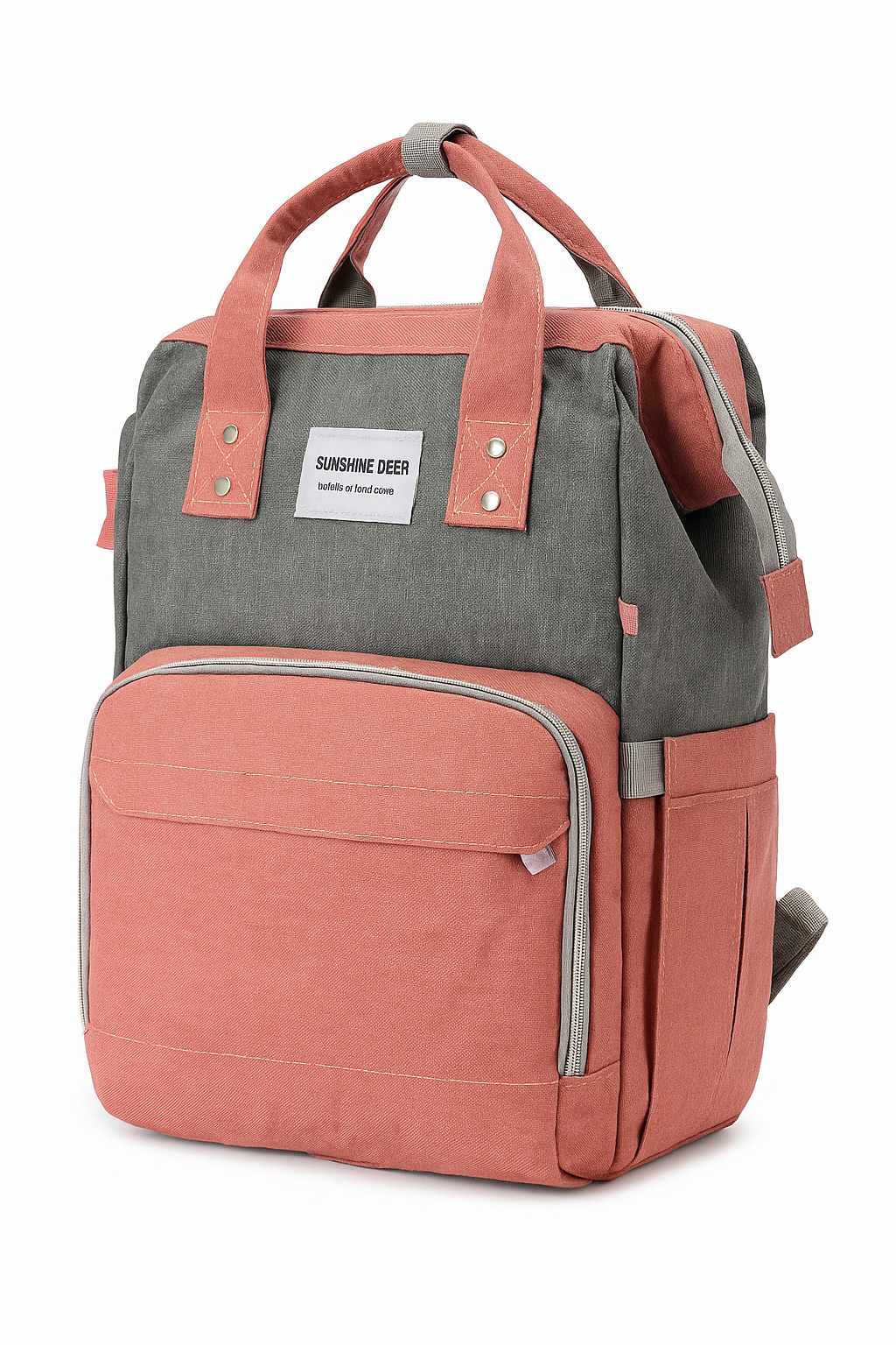 2-in-1 Diaper Bag & Portable Baby Bed – 7pc Travel Backpack (Peach/Grey)