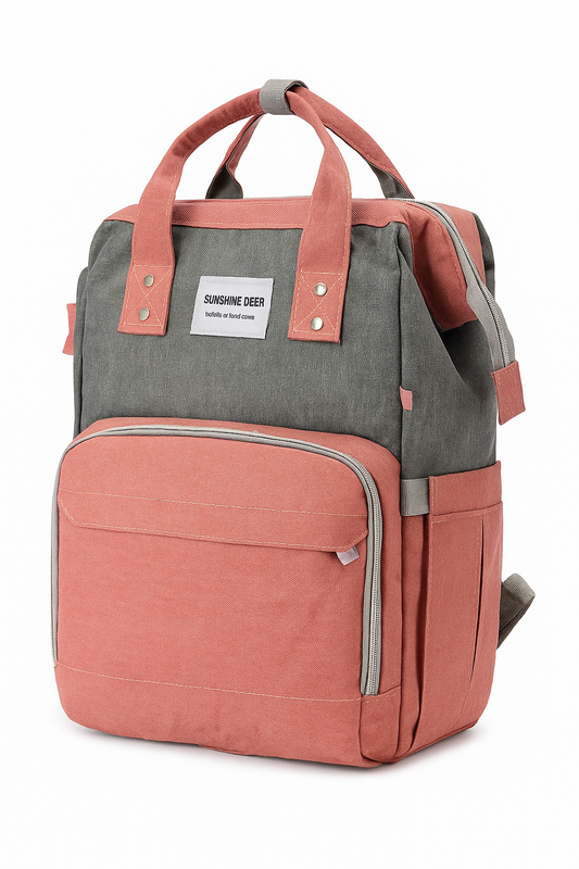 2-in-1 Diaper Bag & Portable Baby Bed – 7pc Travel Backpack (Peach/Grey)