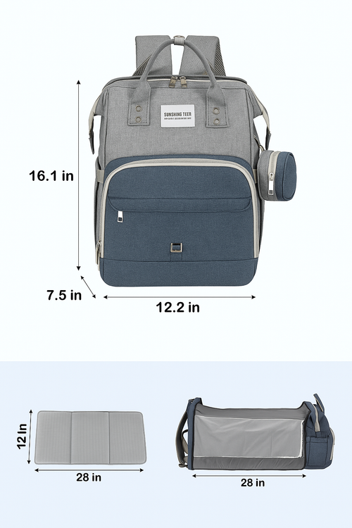 2-in-1 Diaper Bag & Portable Baby Bed – 7pc Travel Backpack (Blue/Grey)