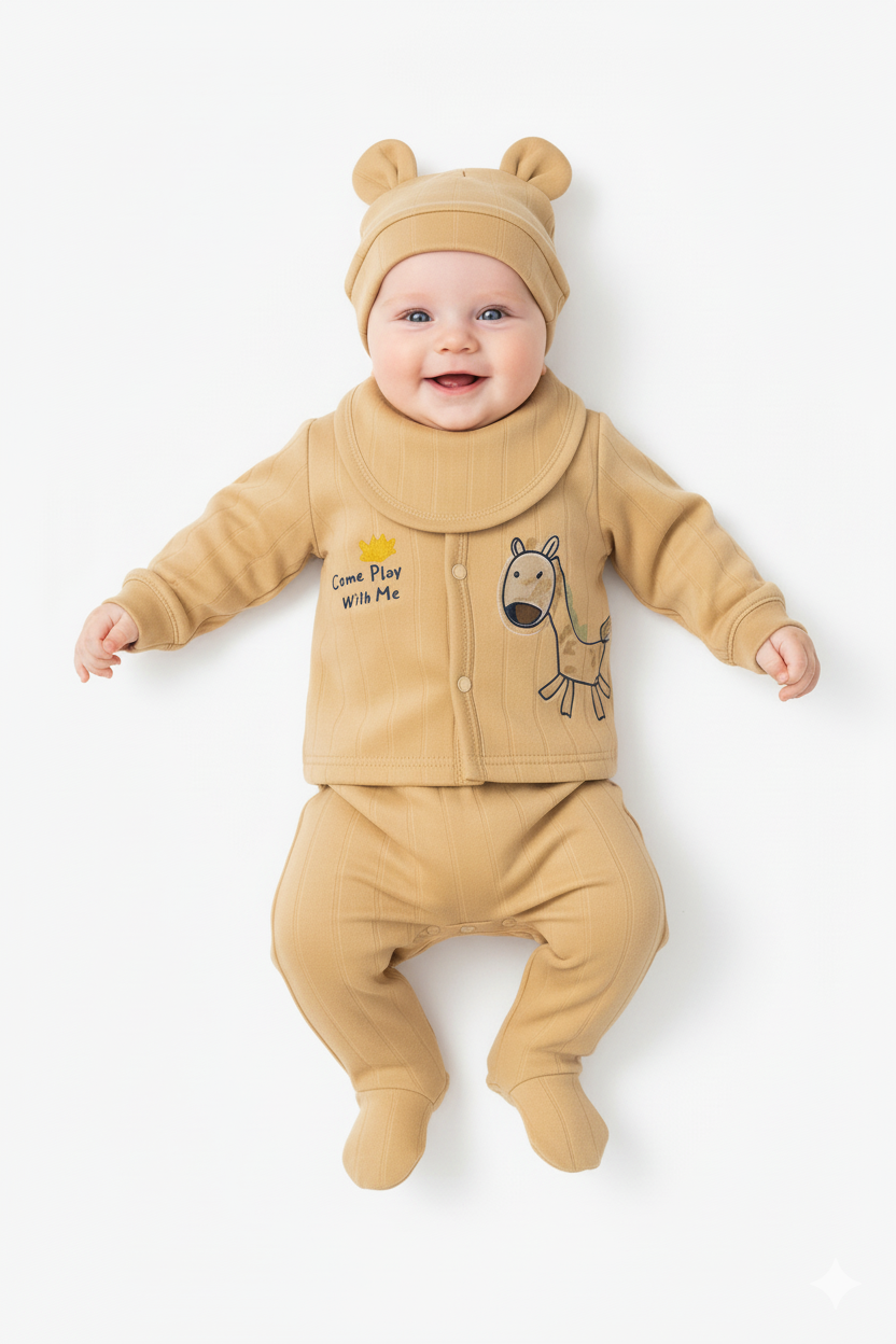 5-Piece Premium Imported Winter Baby Suit Set - "Come Play With Me" Giraffe Design (Newborn to 6 Months)