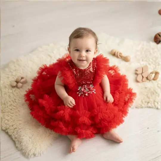 Baby girl red sequin ruffle party dress