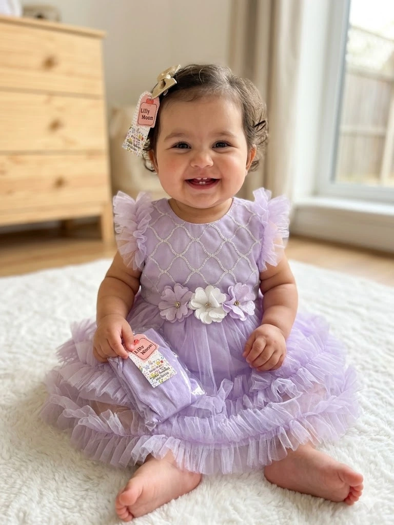 Smiling baby girl wearing a purple tulle party dress with floral details sitting on a soft rug indoors