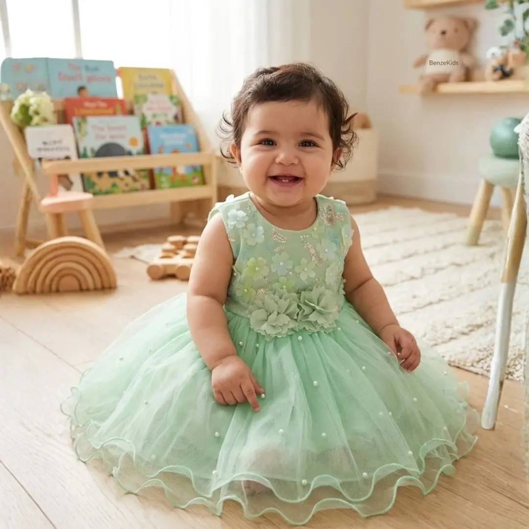 Smiling baby girl wearing a green tulle party dress sitting on the floor in a cozy nursery room with toys and books