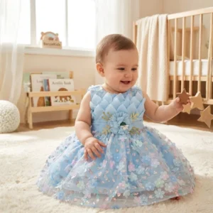 Baby girl wearing a blue floral tulle dress sitting on carpet holding wooden star toys in a nursery