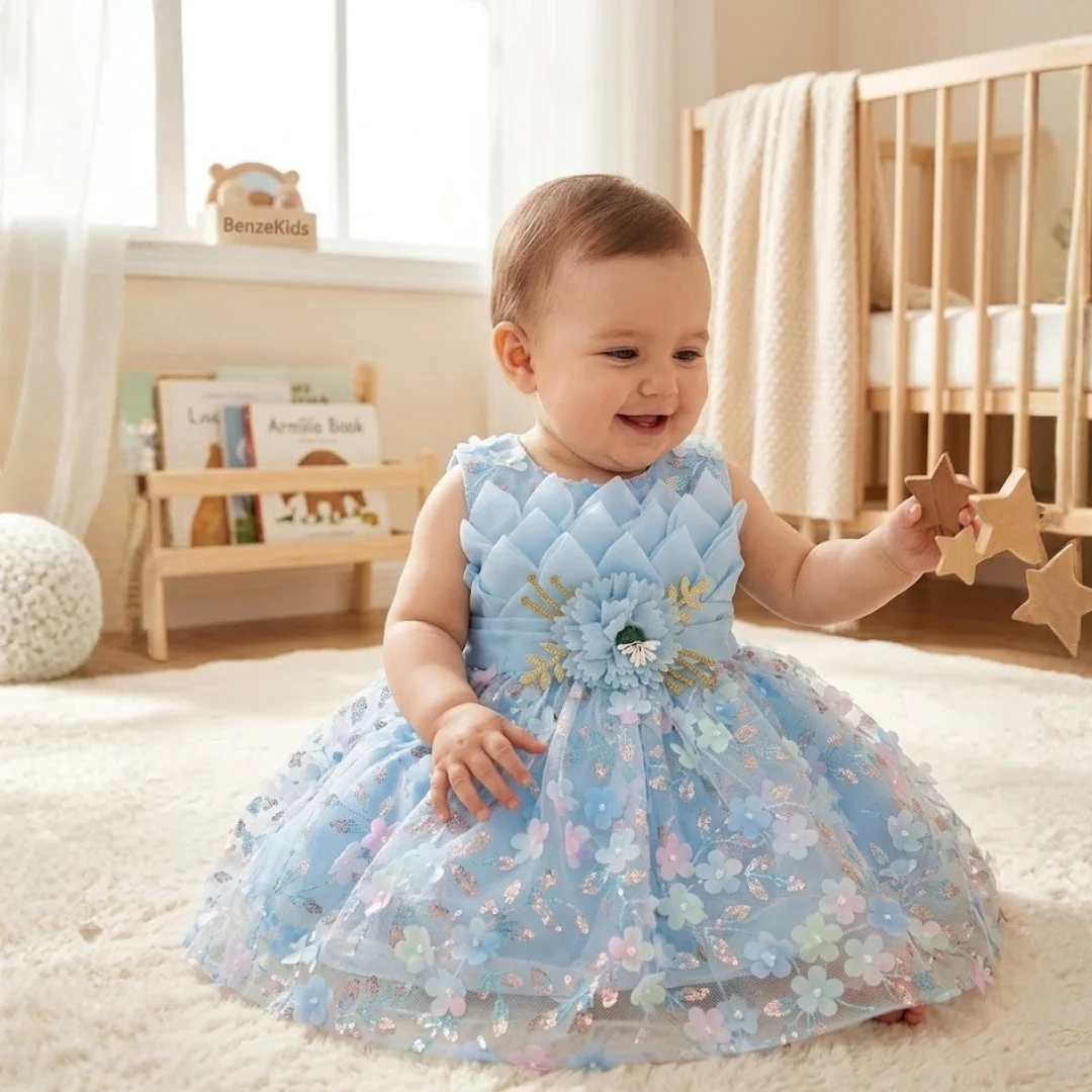 Baby girl wearing a blue floral tulle dress sitting on carpet holding wooden star toys in a nursery