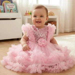 Smiling baby girl wearing a pink ruffle tulle dress with floral detail sitting on floor in nursery
