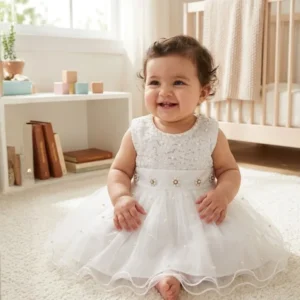 Smiling baby girl wearing a white tulle dress with pearl details sitting on carpet in nursery