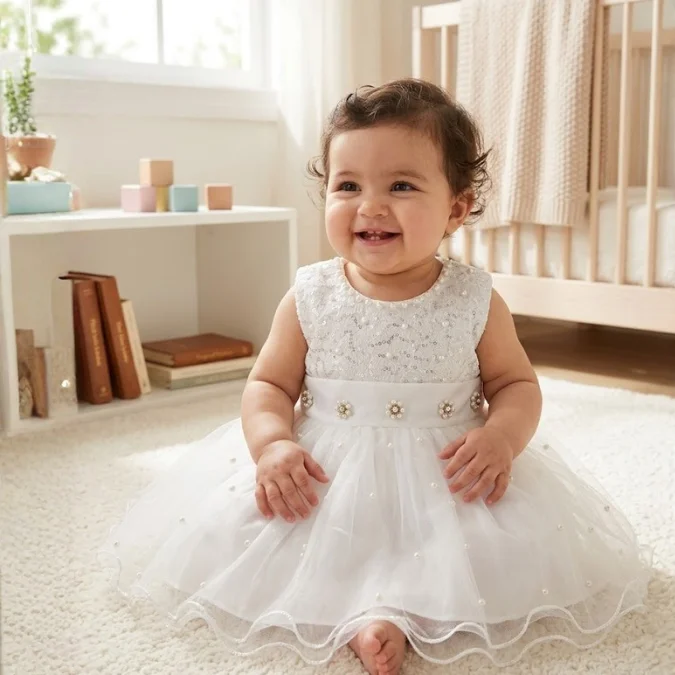 Smiling baby girl wearing a white tulle dress with pearl details sitting on carpet in nursery