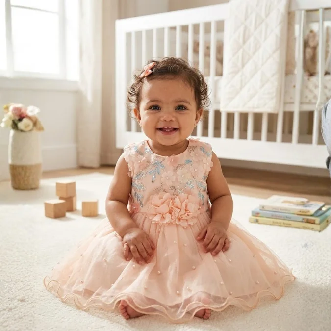 Smiling baby girl wearing a peach blush tulle dress with floral applique bodice and pearl-detailed layered skirt sitting in a bright nursery