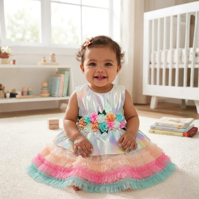 Smiling baby girl wearing a rainbow holographic princess dress with colorful floral waist and layered pastel tulle skirt in a bright nursery setting